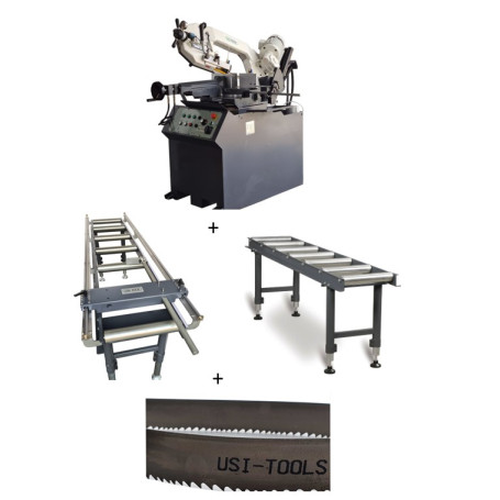 Semi-automatic hydraulic controlled bandsaw promo with 2 roller tables and 5 blades